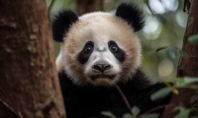 Giant Panda bear baby cub sitting in tree in China Close-up, generative AI