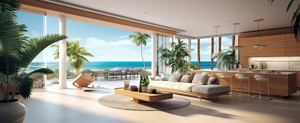 Fototapeta premium modern and luxurious open plan living room interior with kitchen and dining, sea views, beach vibes, tropical paradise, AI rendered