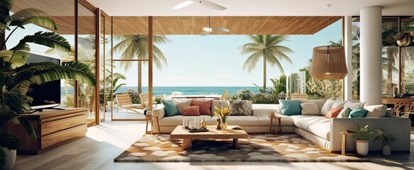 modern and luxurious open plan living room interior with kitchen and dining, sea views, beach vibes, tropical paradise, AI rendered