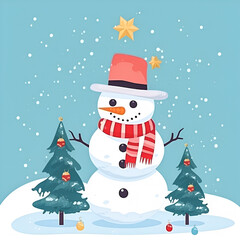 Fototapeta premium Snowman with christmas tree and gifts. Illustration from children's books.