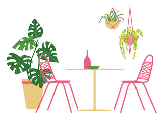 Homemade flowers, a table and wooden chairs. A cozy atmosphere for relaxation. Equipped corner for relaxing in the office or at home. Vector illustration of a cartoon.