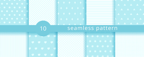 Scrapbook seamless background. Blue baby shower patterns. Set cute prints with circle, heart, rhombus, star, triangle, stripes. Geometric childish wrapping backdrop.