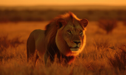 Obraz na płótnie Canvas Lion in sunset, generative AI