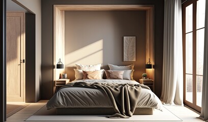 Modern beige bedroom with walk in closet, wooden bed, gray blanket, generative AI