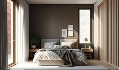 Modern beige bedroom with walk in closet, wooden bed, gray blanket, generative AI