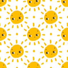 simple seamless pattern with funny yellow suns with face. Cute childish art with sun on white background. Baby design and print, fabric design, wall art, wrapping papper