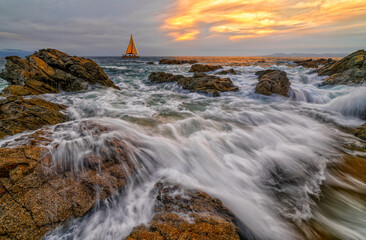 Sunset Ocean Sailboat Boat Sailing Nature Landscape