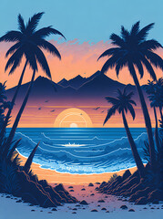 Sunset Beach Hawaii lanscape. AI generated illustration