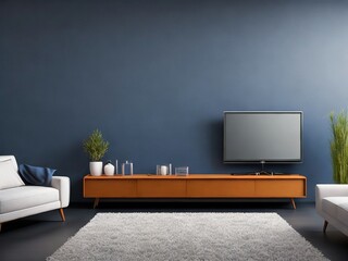 Modern interior of living room with tv on the cabinet on dark blue wall background