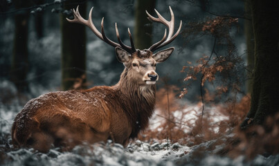 Noble deer male in winter snow forest, Winter christmas image, generative AI