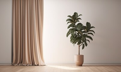Fototapeta na wymiar Plant against a white wall mockup, White wall mockup with brown curtain, plant and wood floor, 3D illustration, generative AI