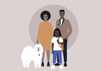 A full length family portrait with a dog, a mother, a father, a daughter, and their samoyed puppy