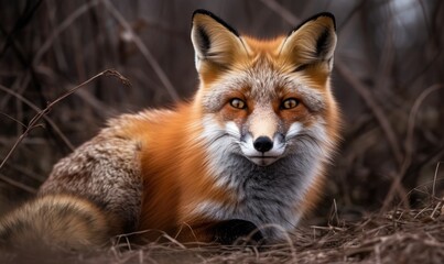 Naklejka na ściany i meble Red Fox Close-up in the forest, generative AI