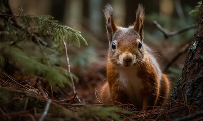 Naklejka na ściany i meble Red Squirrel in the forest, generative AI
