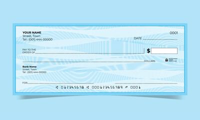 Blank bank cheque, Personal desk check template with guilloche background design