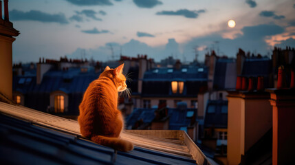 Red striped cat sits on the roof of a house in Paris and looks at the moon, a beautiful view from the roofs of buildings. Generative AI