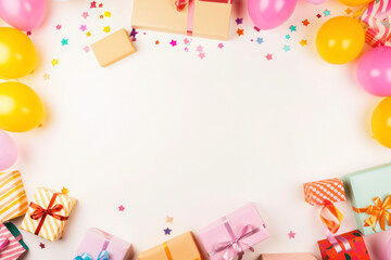 Birthday party background with gift boxes and balloons, generative AI