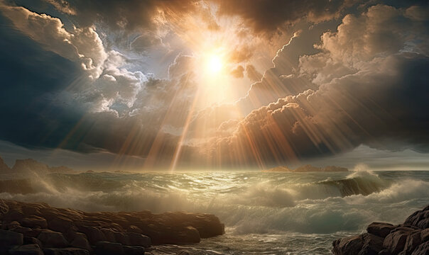 Wonderful god rays over the sea, generative AI
