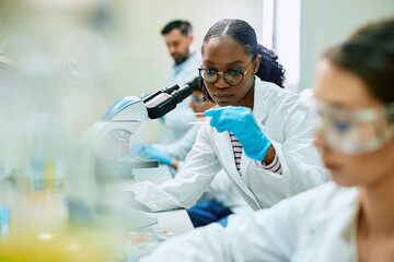 Black female pharmaceutical student during research in laboratory. - obrazy, fototapety, plakaty