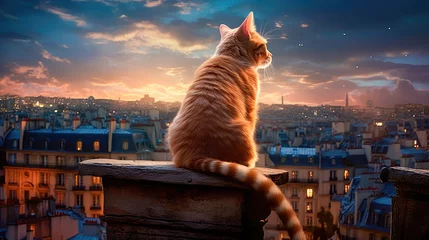 Papier Peint photo Paris Red striped cat sits on the roof of a house in Paris and looks at the moon, a beautiful view from the roofs of buildings. Generative AI
