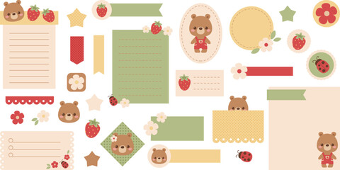 Cute digital note papers and stickers for digital bullet journaling or planning. Kawaii bear, ladybug, strawberry, and flower. Ready to use digital stickers for digital planner. Vector art. - 601046744