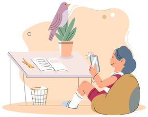 Child with tablet pc sitting on bag chair at home, chatting, communicating using electronic device. Woman talking by phone on sofa. Kid uses modern technology to communicate. Girl sits with smartphone
