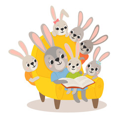 Fototapeta na wymiar Icon of cute mommy and baby rabbits reading book in cartoon style. Bunny pet silhouette. Hare mom and kid colorful illustration for childrens book, postcards and posters.