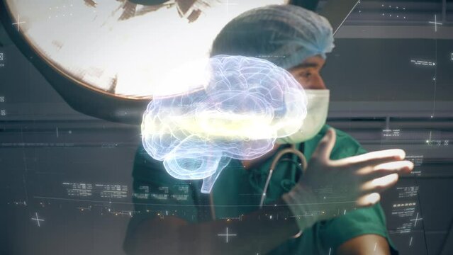 Futuristic biomedical concept of a doctor using advance holographic scanning a patient's brain neuron pathology and diagnostic scan