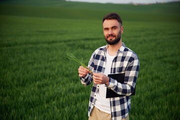 Bearded handsome young man in checkered shirt is on agricultural field