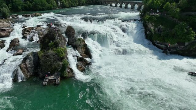 Rhine Falls waterfall in Schaffhausen Switzerland seen from above. The Rheinfall in the river Rhine is the most powerful waterfall in Europe.