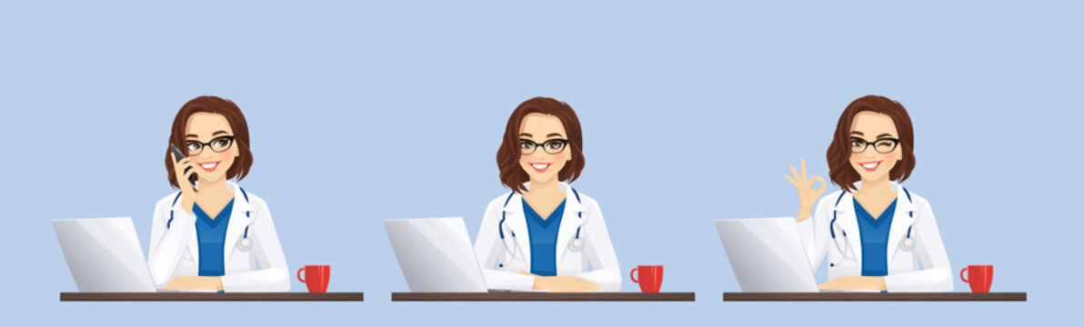 Female Doctor Using Laptop Computer Sitting At The Desk Different Gestures Set Isolated Vector Illustration