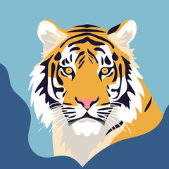 Portrait of a tiger on a blue background. The tiger looks straight ahead.