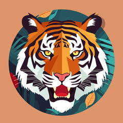 Portrait of a growling tiger in the grass. Tiger head in a circle. 