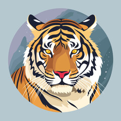 Portrait of a tiger against the backdrop of mountains and snow. Tiger head in a circle.