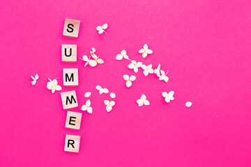 Word summer written from a wooden cube on pink background with a petals of a hydrangea flowers