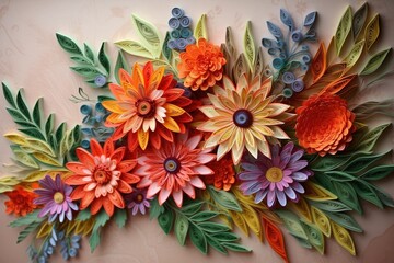 Beautiful handmade composition of flowers in the style of quilling art on a plain background. Quilling craft. generative ai