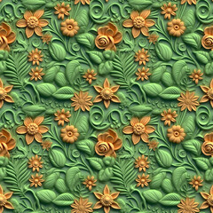 Obraz premium Green and Yellow Clay Art Floral and Botanical Seamless Pattern