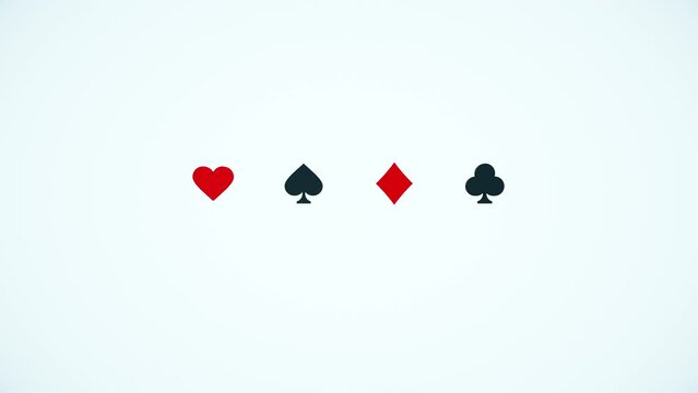 Animation of 3D render of four playing card suits heart, spade, diamond and club, 4K abstract gambling loop background
