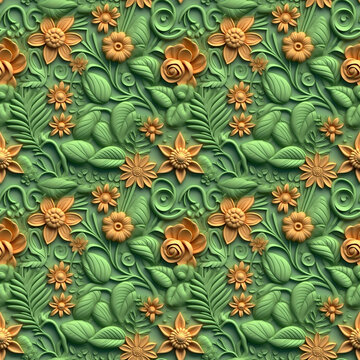 Green and Yellow Clay Art Floral and Botanical Seamless Pattern © HYUN JOO JUNG