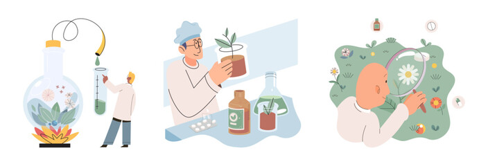Herbal oils natural medicines. Scientist or doctor making alternative medicine herb, mortar, laboratory glassware plant in tube, flower. Doctor checking medicinal herbs. Herbal medicine. Drug research
