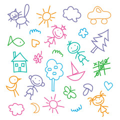 Hand drawn set of cute baby doodles. Design idea for children's drawings. Vector color illustration of Doodle cute for kid.
