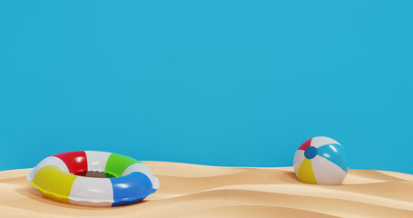 3D rendered Summer holiday, Beach ball, swim ring on beach sand. Blue background for banners or social media