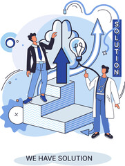 Reaching solution as result of work of business team. Startup employees. Goal thinking. Cooperation construction by agency group to create team. Creative successful management, decision and teamwork