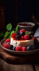  Cottage cheese dessert with fresh berries on wooden background