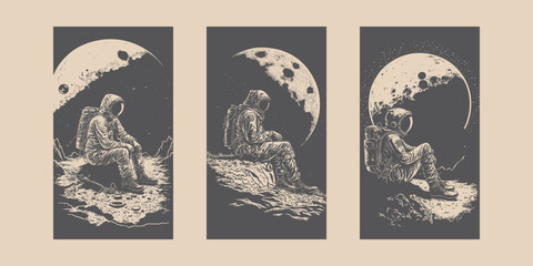 Set of Retro Vintage Engraving Woodcut Linocut style space astonaut sittin on a moon surface. Lonely adventure explore future vibe. Can be used for decoration or graphic design. Graphic Art Vector © Graphic Warrior