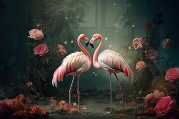 Two pink flamingos with flower background. Generative AI