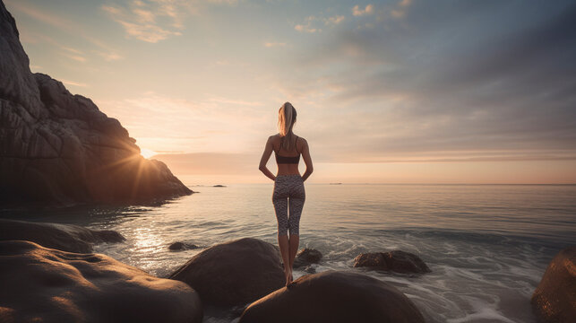 Back view of beautiful fitness girl performing yoga by the sea - Generative AI