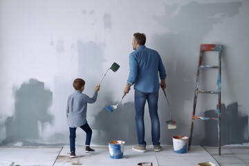 A father painting the wall with his child and spending time together. Father's Day graphic illustration, Generative Ai