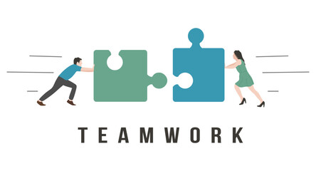 Teamwork flat illustration. People connecting puzzle elements. teamwork, cooperation concept. Two people pushing huge pieces of puzzle. Combining two pieces. Flat vector illustration - obrazy, fototapety, plakaty