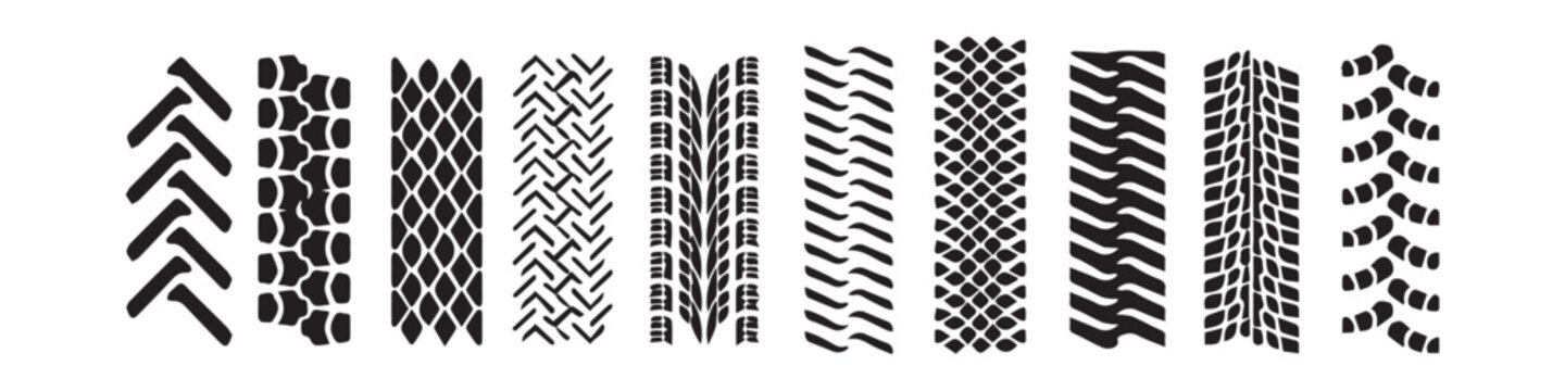 Machinery tires track set, tire ground imprints isolated, vehicles tires footprints, tread brushes, seamless transport ground trace or marks textures, wheel treads. Vector Illustration. EPS 10